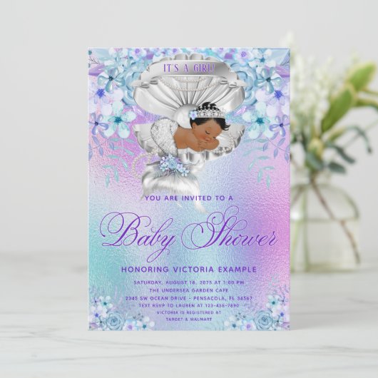 Roze Paarse Afrikaanse Zeemeermin Baby shower Kaart (Staand voorkant)