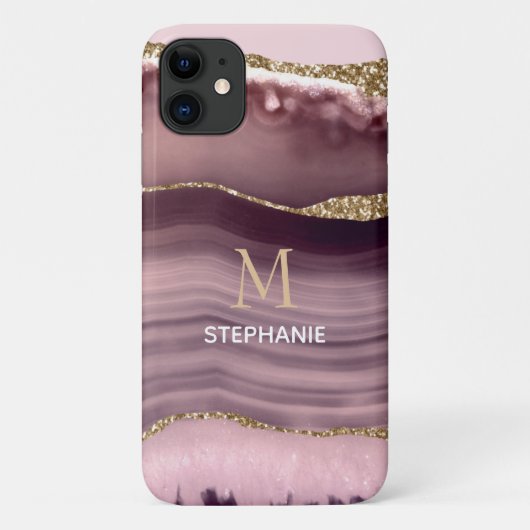 Roze & Paarse Agate Geode Monogram Naam Case-Mate iPhone Case (Achterkant)