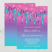 Roze Paarse Aqua Blauwgroen gradiënt Drip Quinceañ Kaart (Voorkant / Achterkant)