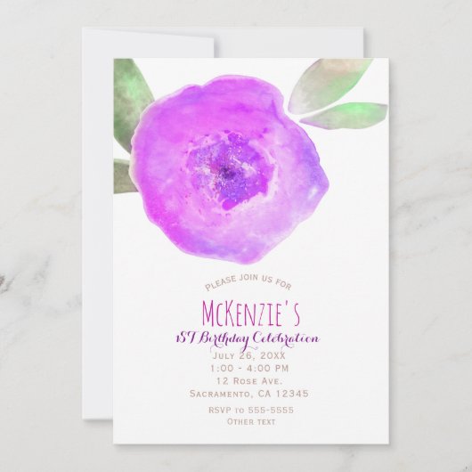 Roze Paarse Aquarel Bloem 1e Verjaardagsfeestje Kaart (Voorkant)