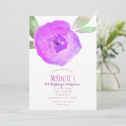 Roze Paarse Aquarel Bloem 1e Verjaardagsfeestje Kaart (Staand voorkant)