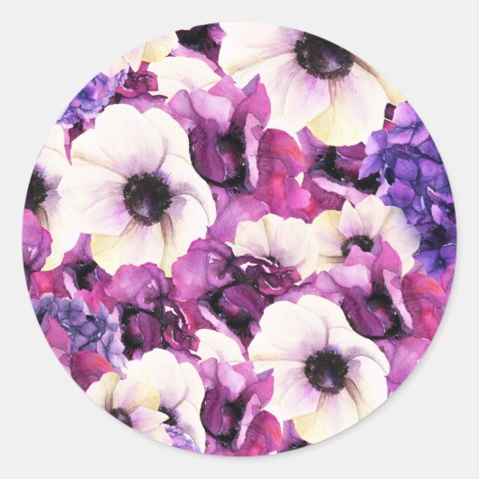 Roze & Paarse Aquarel Bloem Bruiloft Ronde Sticker (Voorkant)