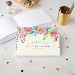 Roze Paarse Aquarel Bloem in Lieve Herinnering Gastenboek