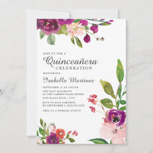 Roze Paarse Aquarel Bloemige Quinceañera Kaart
