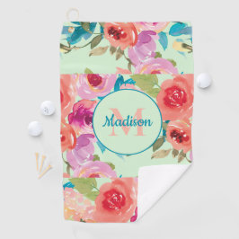 Roze Paarse Aquarel Bloemige Turquoise Bladeren Mi Golfhanddoek