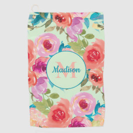Roze Paarse Aquarel Bloemige Turquoise Bladeren Mi Golfhanddoek