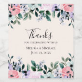 Roze & Paarse Aquarel Bloemrijke Rand Bruiloft Wijn Etiket (Enkel label)