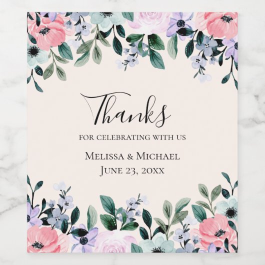 Roze & Paarse Aquarel Bloemrijke Rand Bruiloft Wijn Etiket (Enkel label)