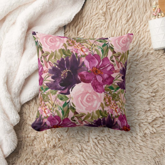 Roze Paarse Aquarel Bloemrozen Botanisch Kussen (Deken)