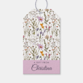 Roze Paarse Aquarel Wilde Bloem Initiaal Naam Cadeaulabel