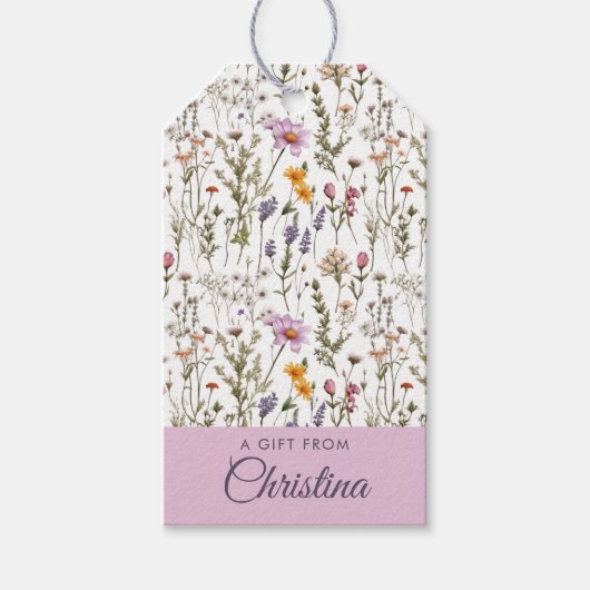 Roze Paarse Aquarel Wilde Bloem Initiaal Naam Cadeaulabel (Voorkant)