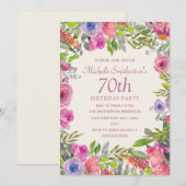 Roze Paarse Aquarel Wilde Bloemen 70e Verjaardag Kaart (Voorkant / Achterkant)