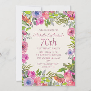 Roze Paarse Aquarel Wilde Bloemen 70e Verjaardag Kaart