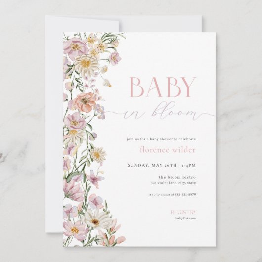 Roze & Paarse Baby in Bloom Baby shower Uitnodigin Kaart (Voorkant)