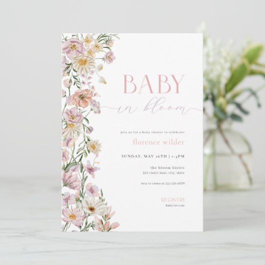Roze & Paarse Baby in Bloom Baby shower Uitnodigin Kaart (Staand voorkant)