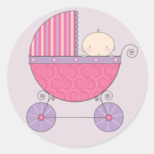 Roze & Paarse Baby Meisje in Carriage Ronde Sticker