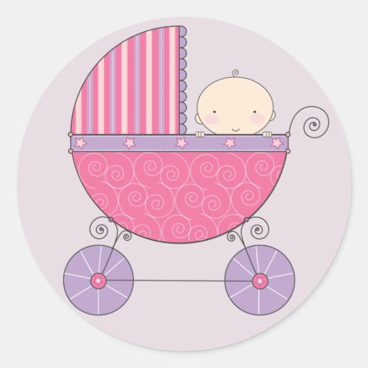 Roze & Paarse Baby Meisje in Carriage Ronde Sticker (Voorkant)