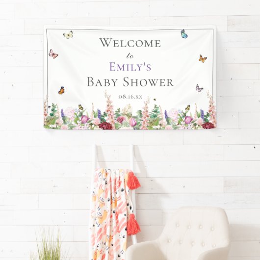Roze Paarse Baby shower van Floral en Butterflies Spandoek (Insitu)