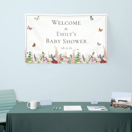 Roze Paarse Baby shower van Floral en Butterflies Spandoek (Beurs)