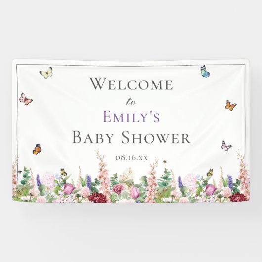 Roze Paarse Baby shower van Floral en Butterflies Spandoek (Horizontaal)