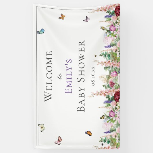 Roze Paarse Baby shower van Floral en Butterflies Spandoek (Verticaal)