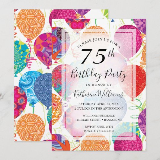 Roze Paarse ballonnen 75ste verjaardag Kaart (Voorkant / Achterkant)