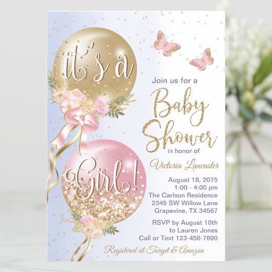 Roze Paarse ballonnen Butterfly Baby shower Kaart