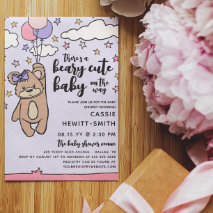 Roze Paarse beary Cute Girl Baby shower Kaart