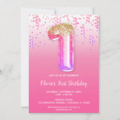 Roze paarse bladballonmeisjes 1e verjaardag kaart (Voorkant)