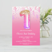 Roze paarse bladballonmeisjes 1e verjaardag kaart (Staand voorkant)