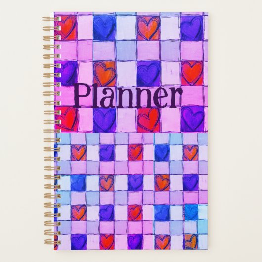 Roze paarse blauw gingham hart Planner (Voorkant)
