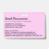 Roze Paarse Blauw Janitorial Cartoon Huis Schoonma Badge (Back)