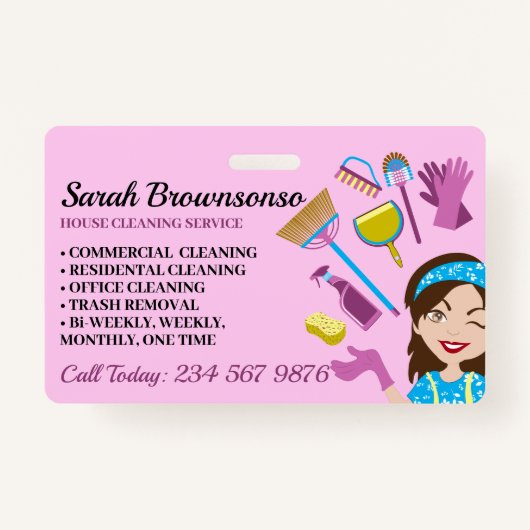 Roze Paarse Blauw Janitorial Cartoon Huis Schoonma Badge (Voorkant)