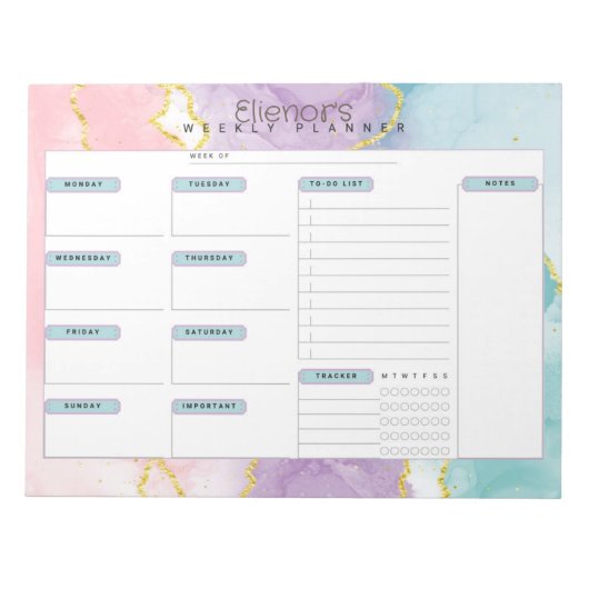 Roze Paarse Blauw Marmer Personaliseer Weekplanner Notitieblok (Voorkant)