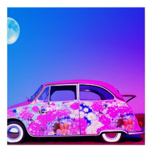 Roze paarse blauwe auto bloemig blauwe maan hemel perfect poster