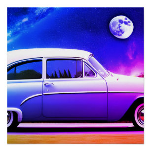 Roze paarse blauwe auto in blauwe maan ai kunst perfect poster