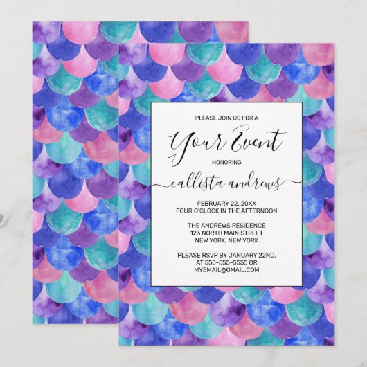 Roze Paarse blauwe Blauwgroen Waterverf Zeemeermin Kaart (Voorkant / Achterkant)