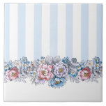 Roze, Paarse & Blauwe Bloemen & Strepen Tegeltje<br><div class="desc">-geïnspireerd ontwerp met rijen van verticaal blauw en wit strepen met kleurrijke rand van roze, blauw en paarse bloemen met donkere contouren.</div>