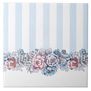 Roze, Paarse & Blauwe Bloemen & Strepen Tegeltje