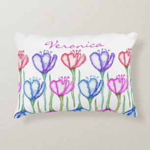 Roze Paarse blauwe en rode Waterverf Tulip Monogra Decoratief Kussen