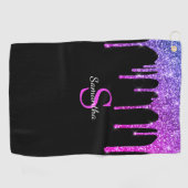 Roze Paarse blauwe glazen druppels monogram naam Golfhanddoek (Horizontaal)