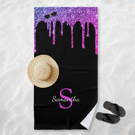 Roze Paarse Blauwe Glitter Druppels Zwart Monogram Strandlaken