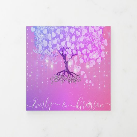 Roze Paarse blauwe hemelboom bruiloft Drieluik Uitnodiging (Cover)