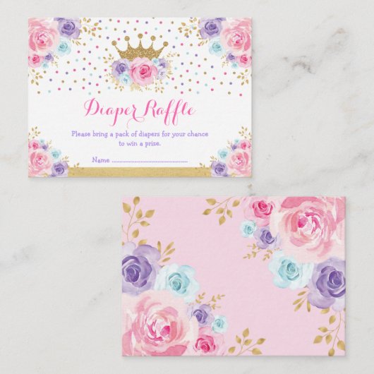 Roze Paarse blauwe kroonprinses Diaper Raffle Informatiekaartje (Voorkant / Achterkant)