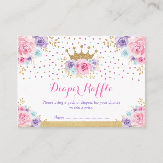 Roze Paarse blauwe kroonprinses Diaper Raffle Informatiekaartje (Voorkant)