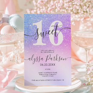 Roze Paarse Blauwe Nep Glitter Sweet 16 Kaart