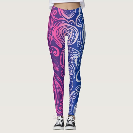 Roze Paarse Blauwe Paisley Pattern Yoga Leggings (Voorkant)