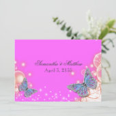 Roze paarse blauwe vlinder bruiloft kaart (Staand voorkant)