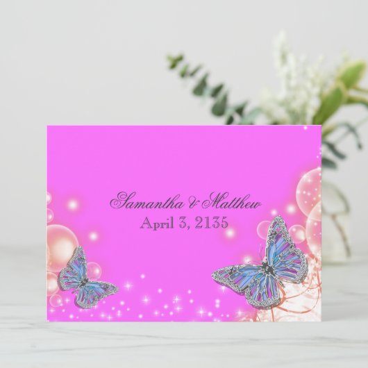 Roze paarse blauwe vlinder bruiloft kaart (Staand voorkant)