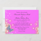 Roze paarse blauwe vlinder bruiloft kaart (Achterkant)